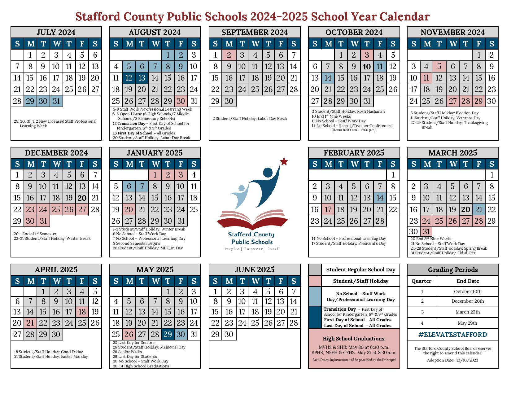 Stafford County Public Schools Calendar 20242025 in PDF