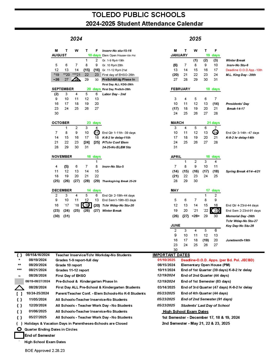 Toledo Public Schools Calendar 20242025 in PDF