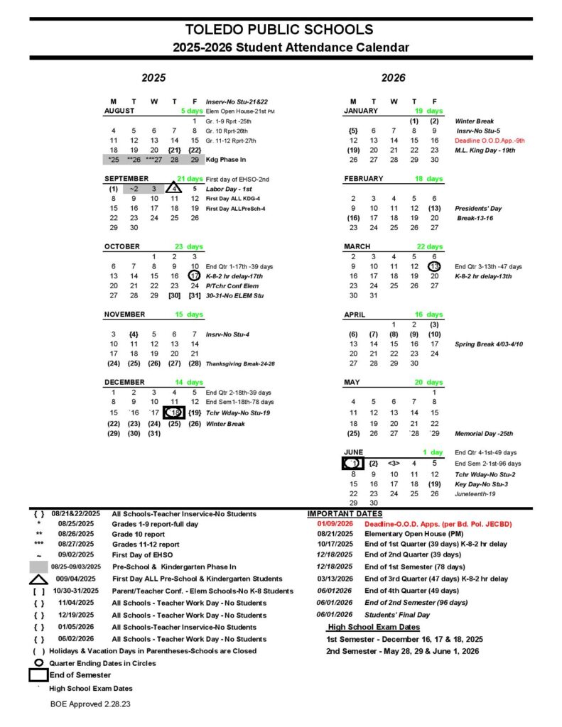 Toledo Public Schools Calendar 2025-2026