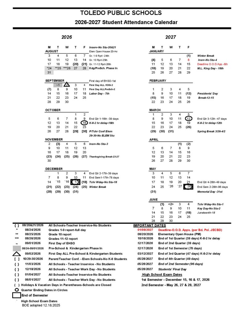Toledo Public Schools Calendar 2026-2027