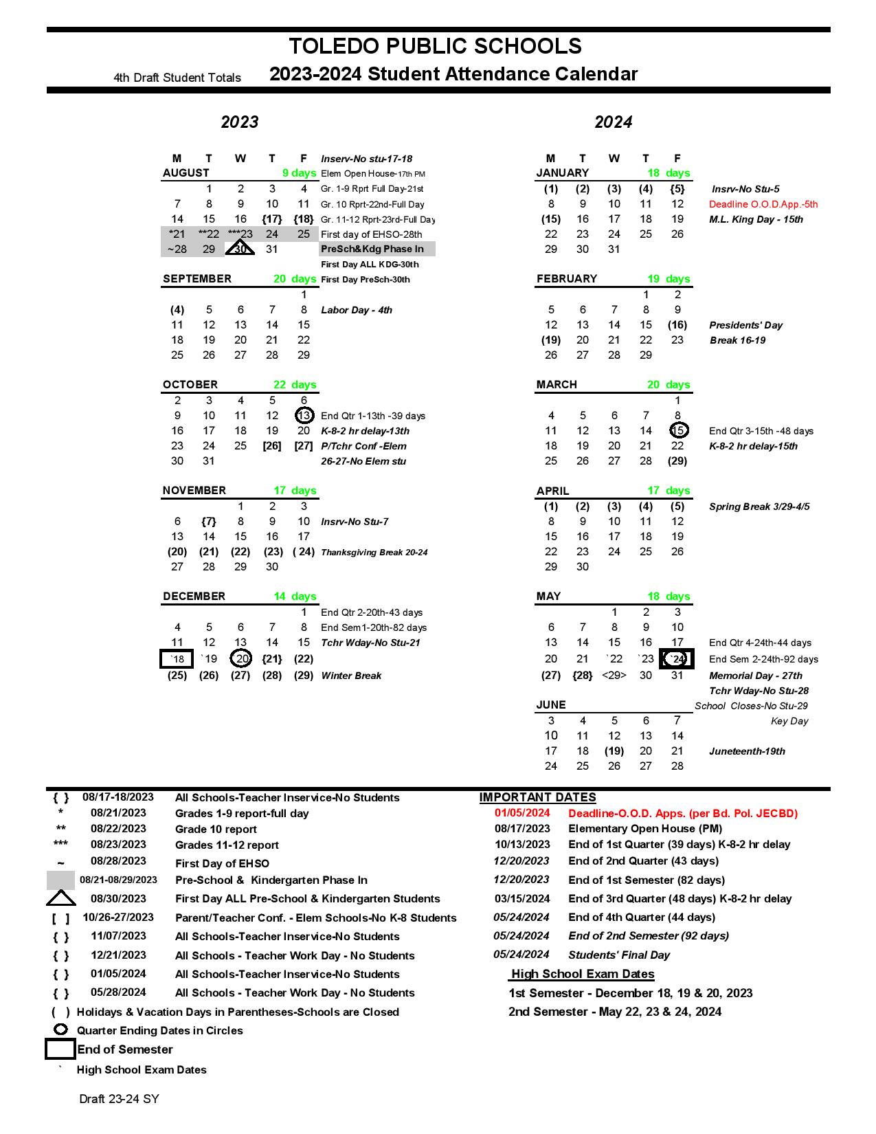 Toledo Public Schools Calendar 2023 2024 in PDF