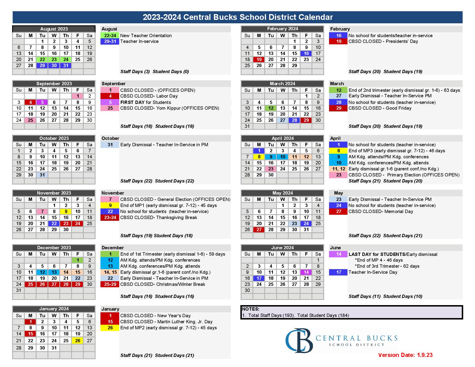 Central Bucks School District Calendar 20232024 in PDF