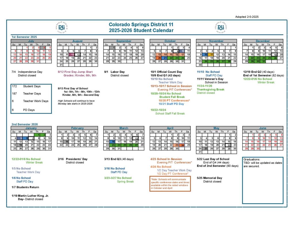 Colorado Springs School District 11 Calendar 2025-2026