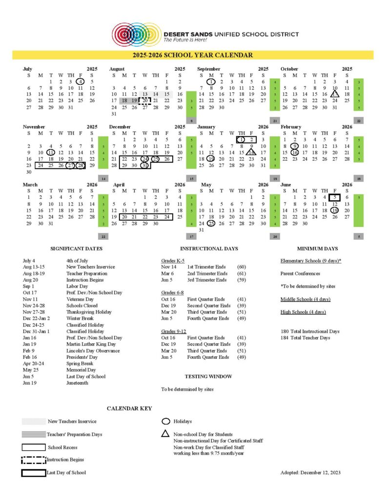 Desert Sands Unified School District Calendar 2025-2026