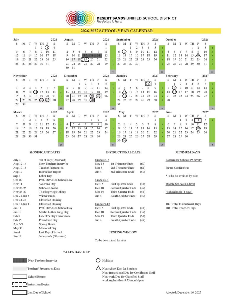 Desert Sands Unified School District Calendar 2026-2027