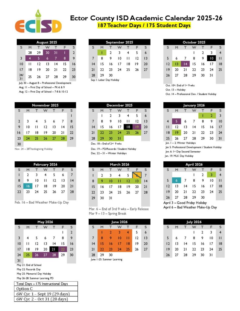 Ector County Independent School District Calendar 2025-2026