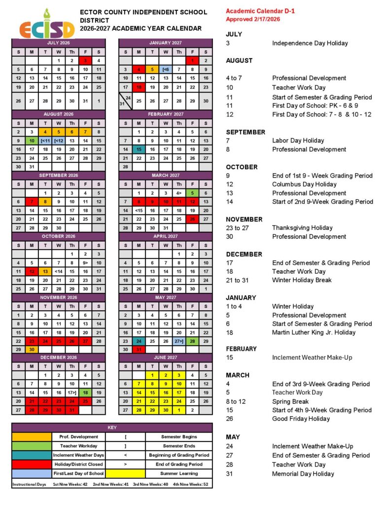 Ector County Independent School District Calendar 2026-2027