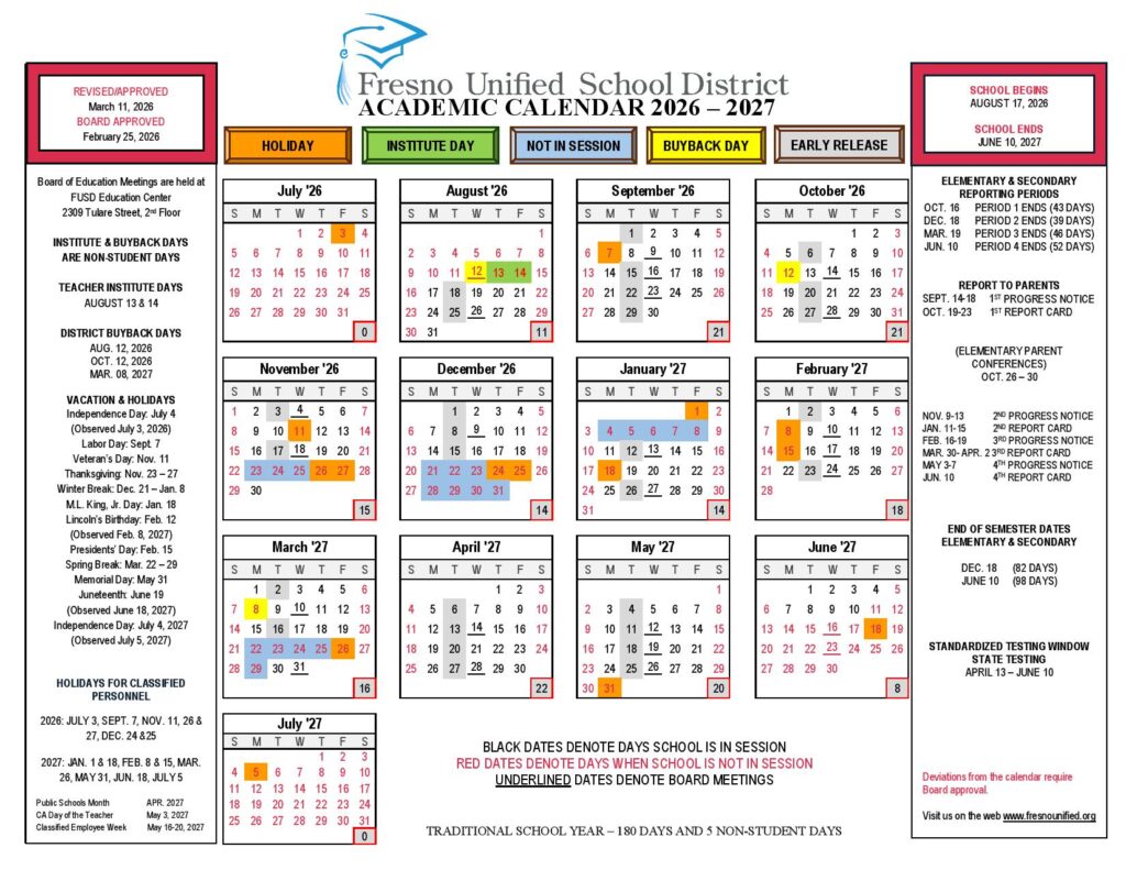 Fresno Unified School District Calendar 2026-2027