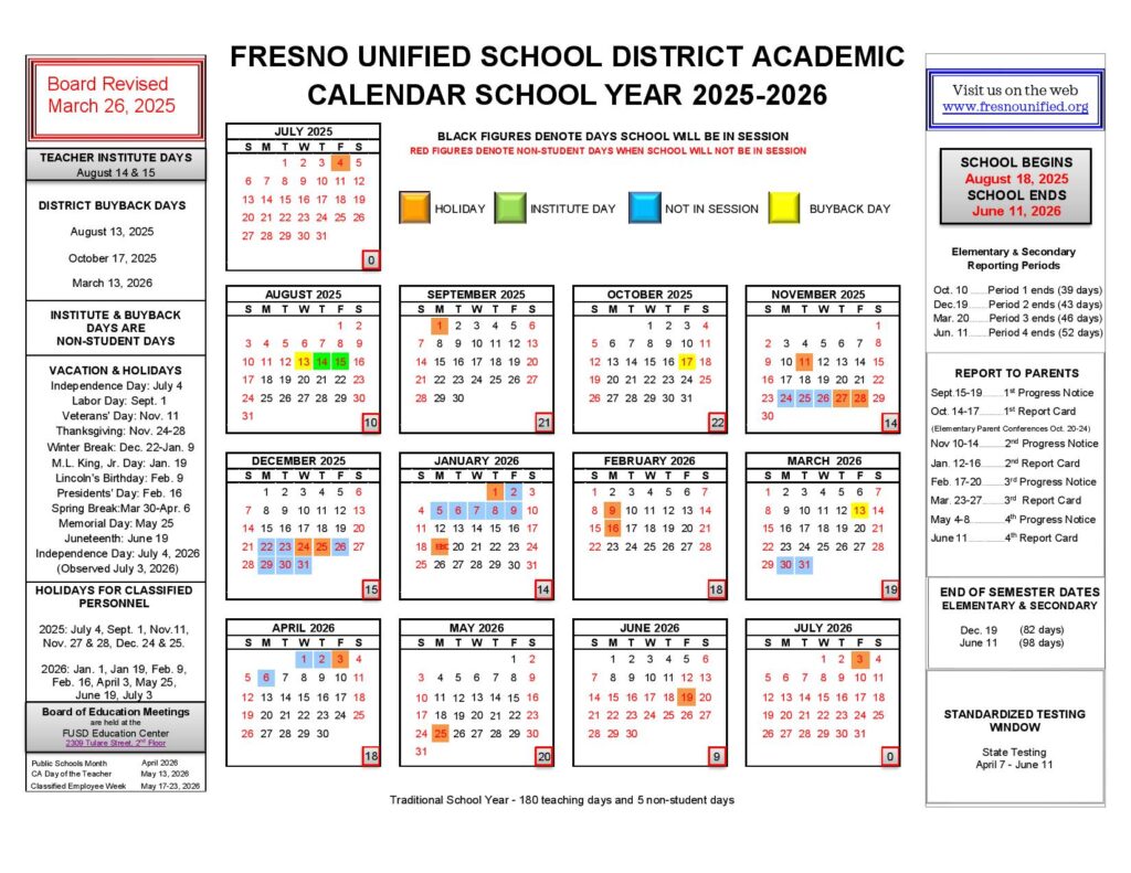 Fresno Unified School District Calendar 2025-2026