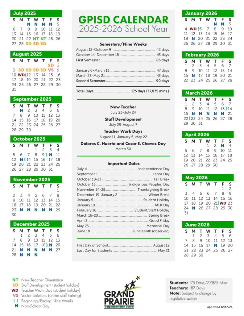 Grand Prairie Independent School District Calendar 2025-2026