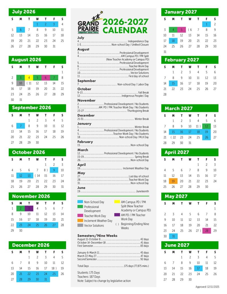 Grand Prairie Independent School District Calendar 2026-2027