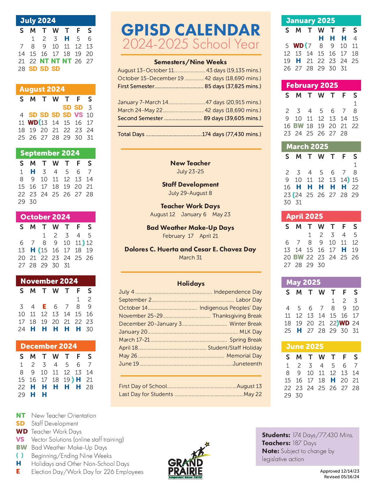 Grand Prairie ISD Calendar 20242025 Holiday Breaks