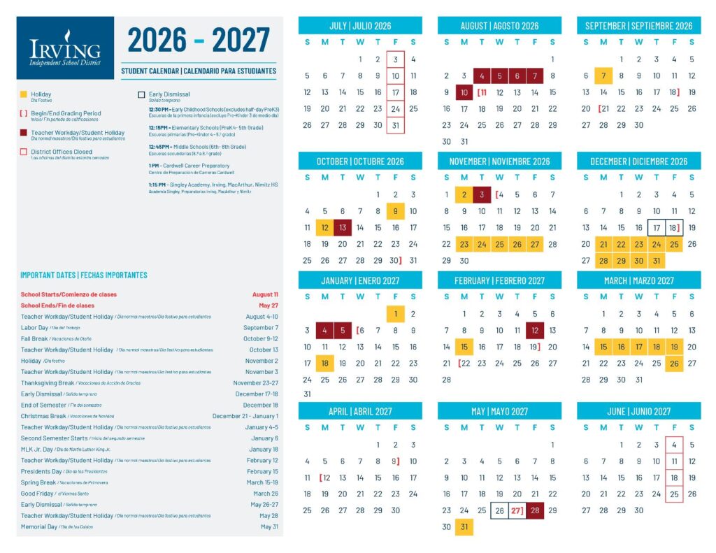 Irving Independent School District Calendar 2026-2027
