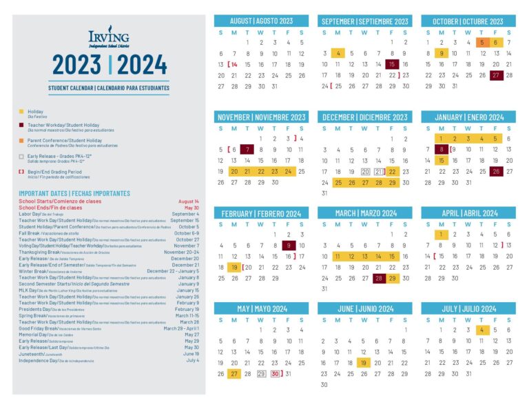 Irving Independent School District Calendar 20232024 in PDF