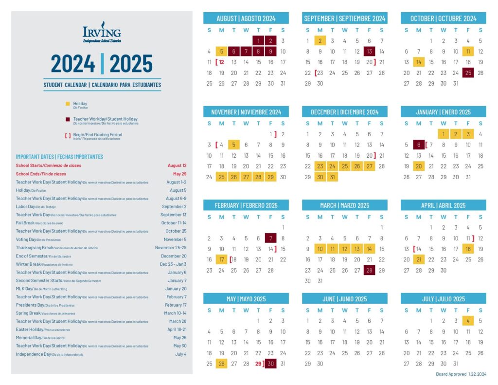 Irving Independent School District Calendar 20242025 in PDF