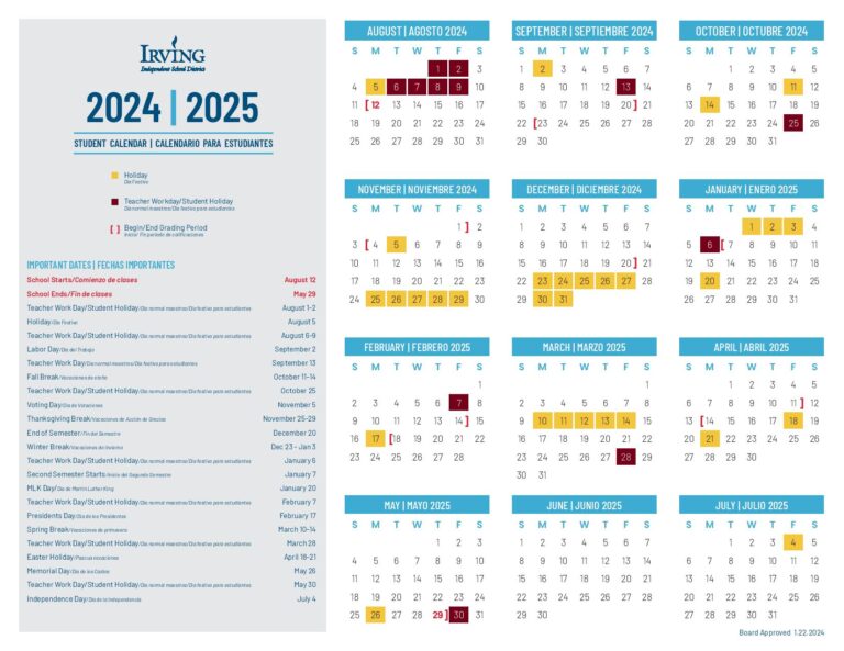 Irving Independent School District Calendar 2024-2025 in PDF