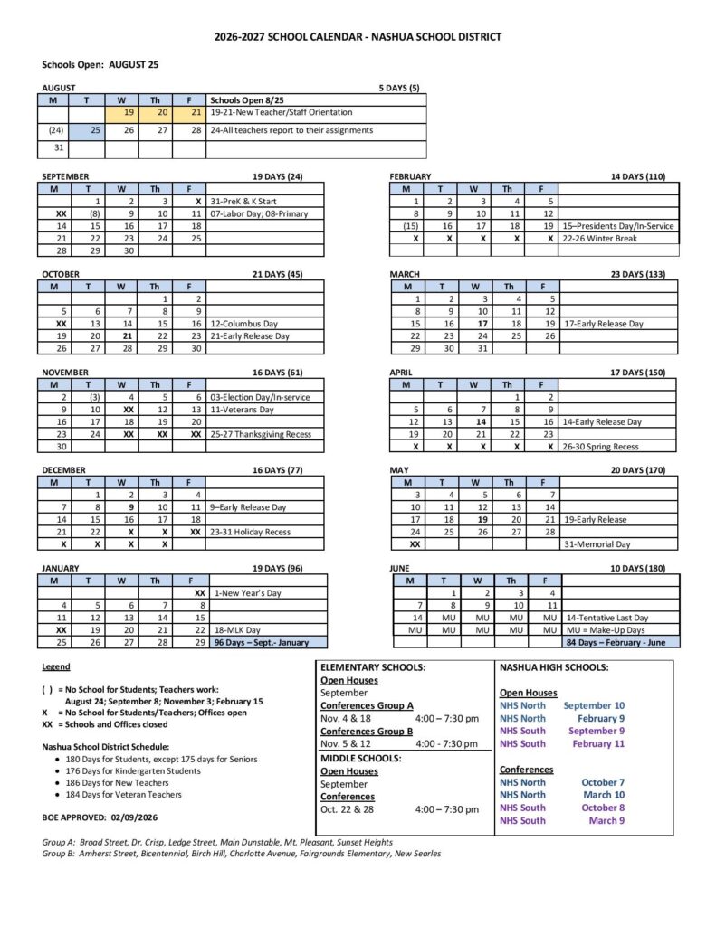 Nashua School District Calendar 2026-2027