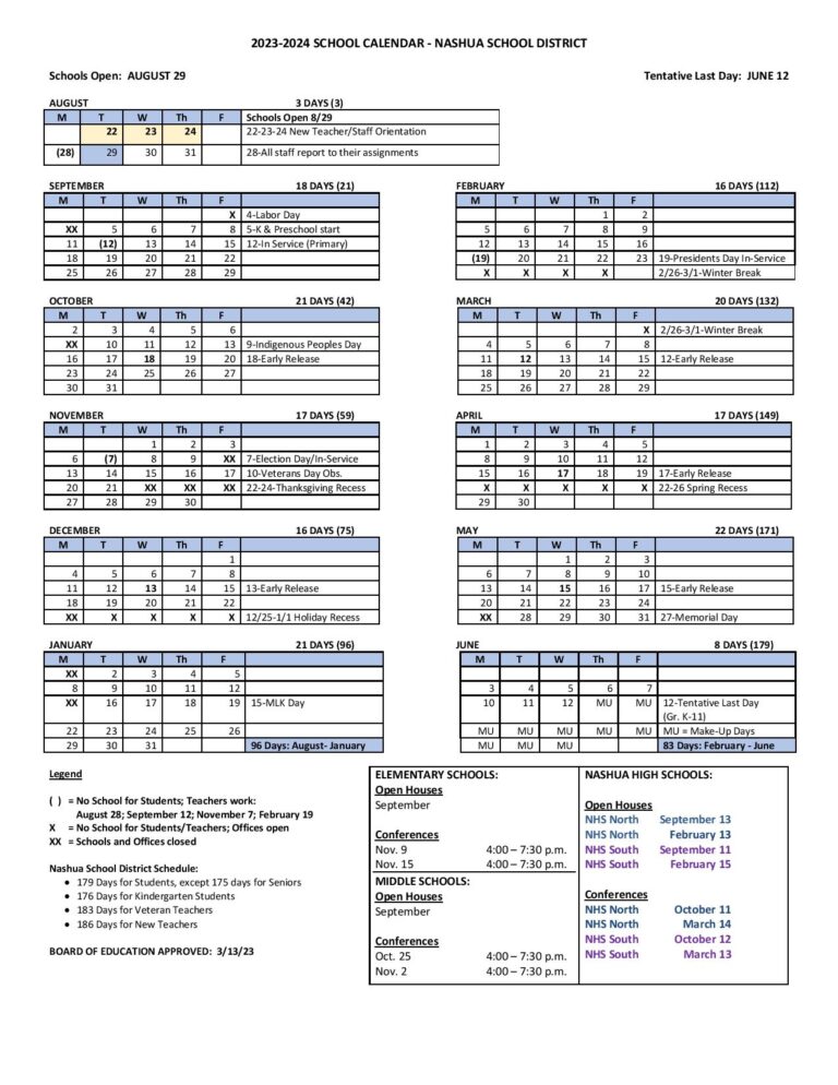 Nashua School District Calendar 20232024 in PDF