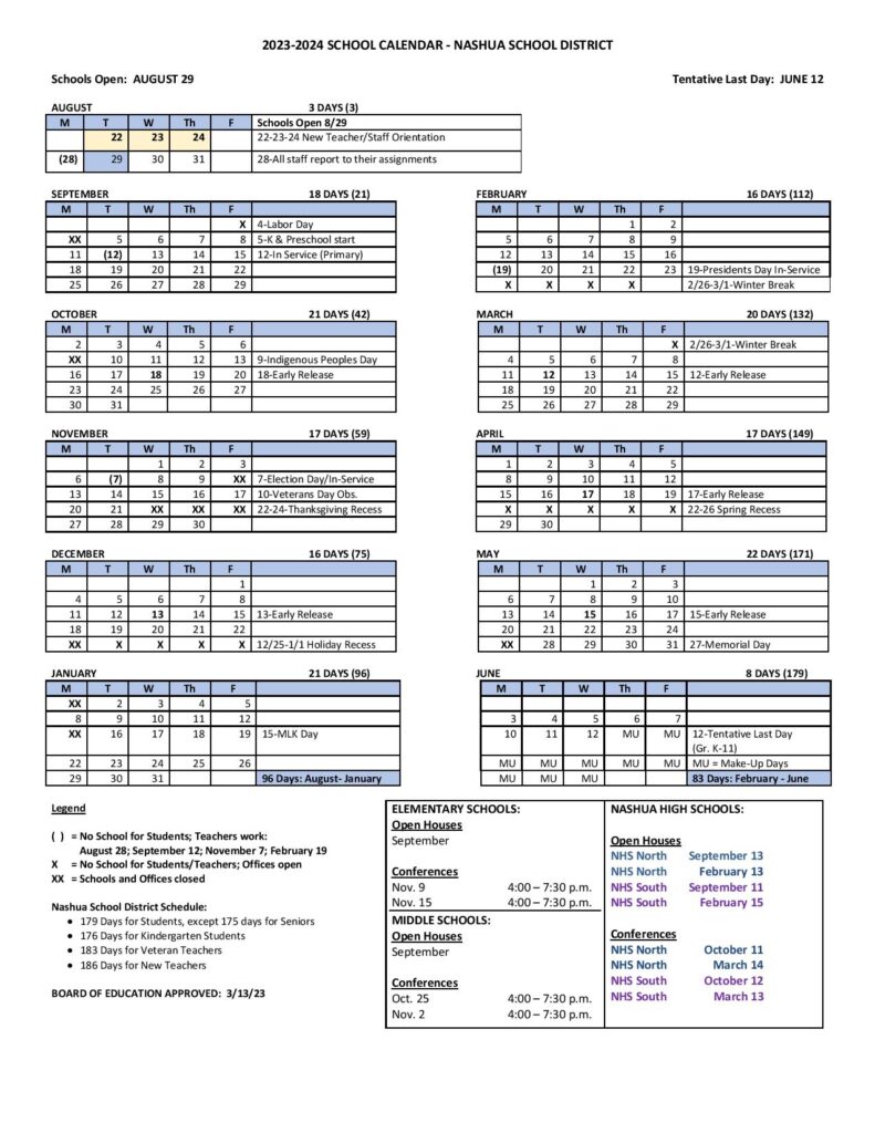 Nashua School District Calendar 20232024 in PDF