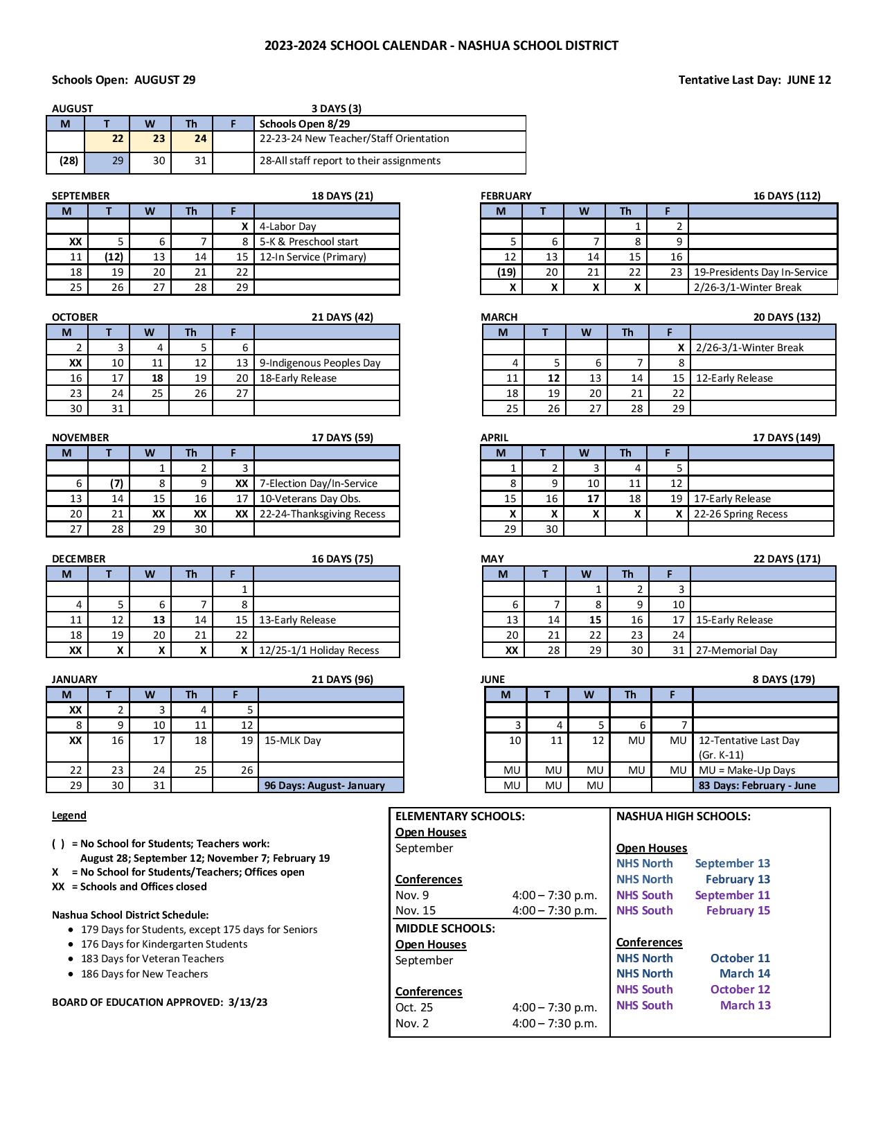 Nashua School District Calendar 20232024 in PDF