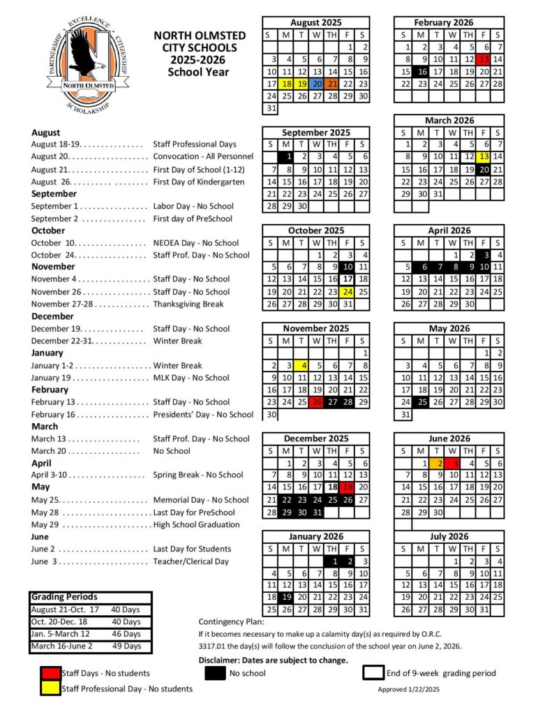 North Olmsted City Schools Calendar 2025-2026