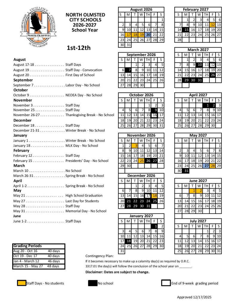 North Olmsted City Schools Calendar 2026-2027