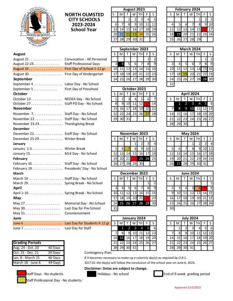 North Olmsted City Schools Calendar 20232024 in PDF