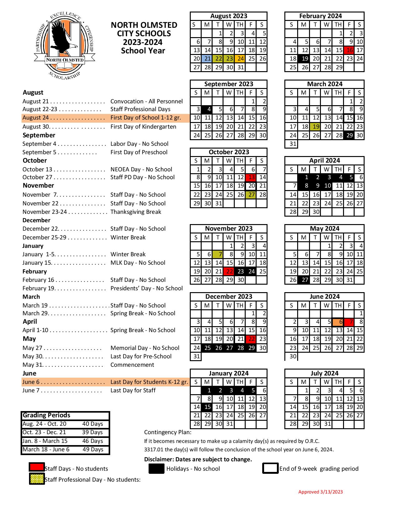 North Olmsted City Schools Calendar 2023 2024 in PDF