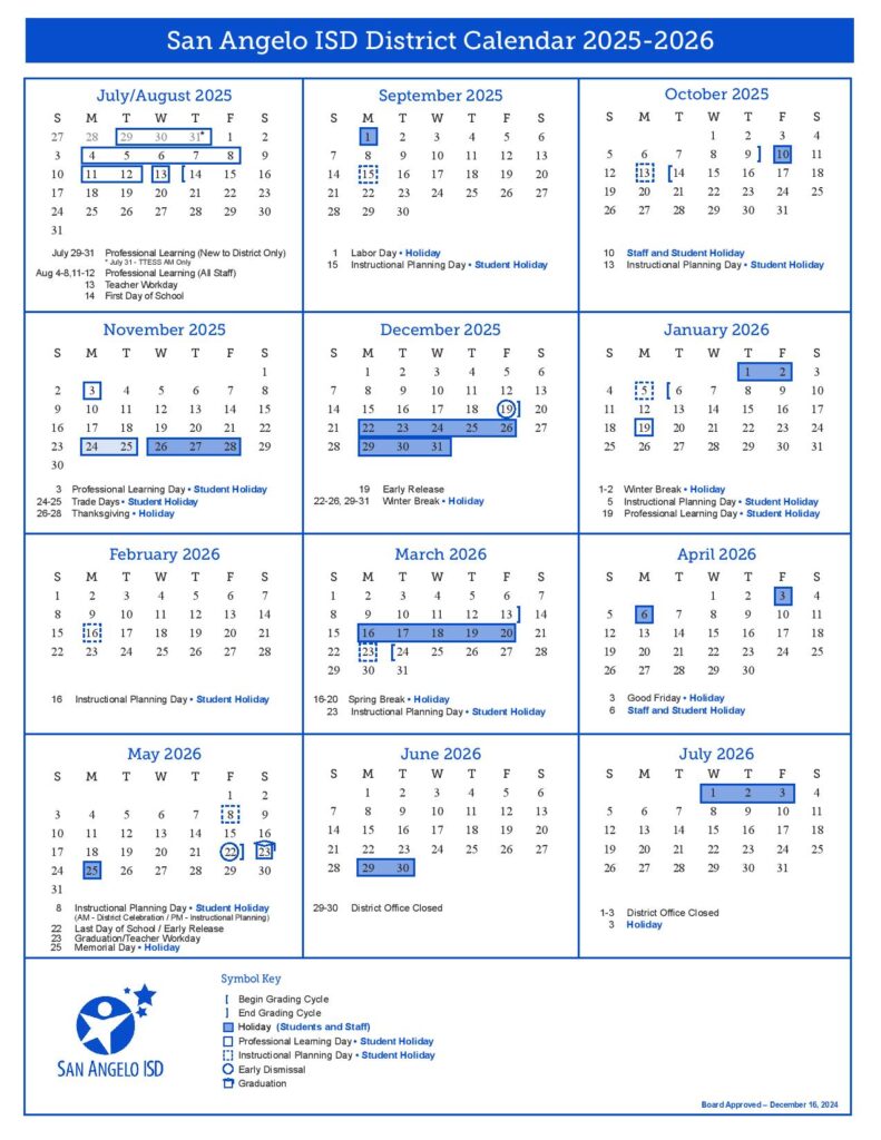 San Angelo Independent School District Calendar 2025-2026