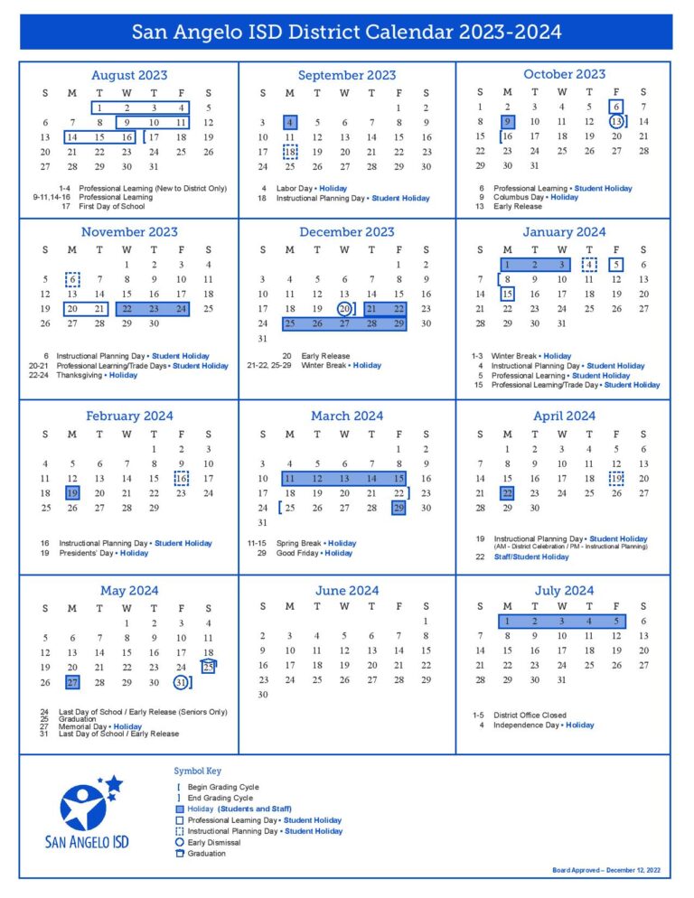San Angelo Independent School District Calendar 20232024 School