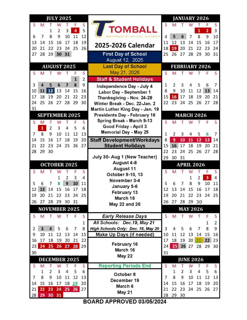 Tomball Independent School District Calendar 2025-2026