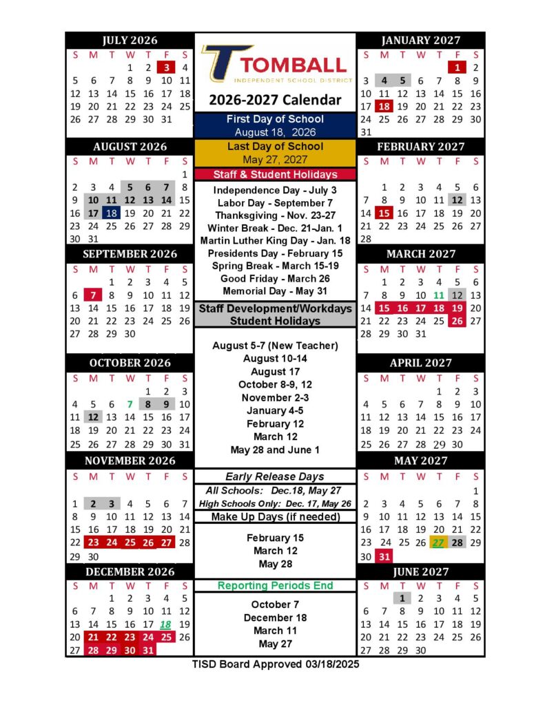 Tomball Independent School District Calendar 2026-2027