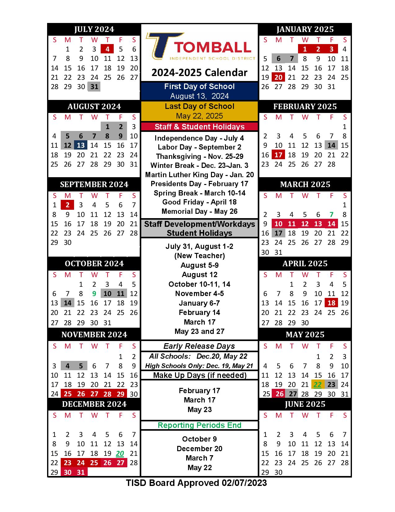 Tomball Independent School District Calendar 2024-2025