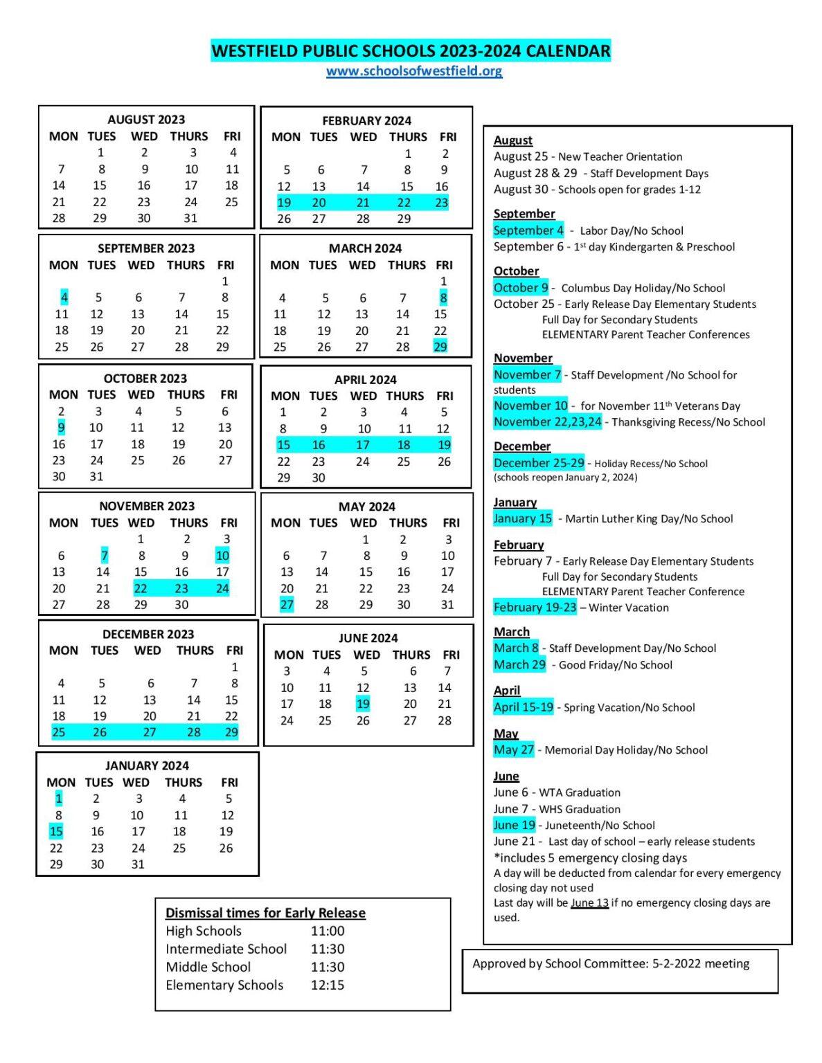 Westfield Public School District Calendar 20232024 in PDF