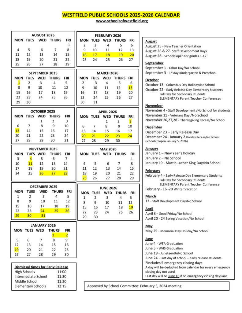Westfield Public School District Calendar 2025-2026