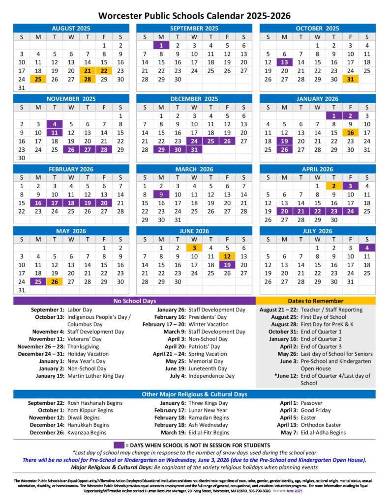 Worcester Public Schools Calendar 2025-2026