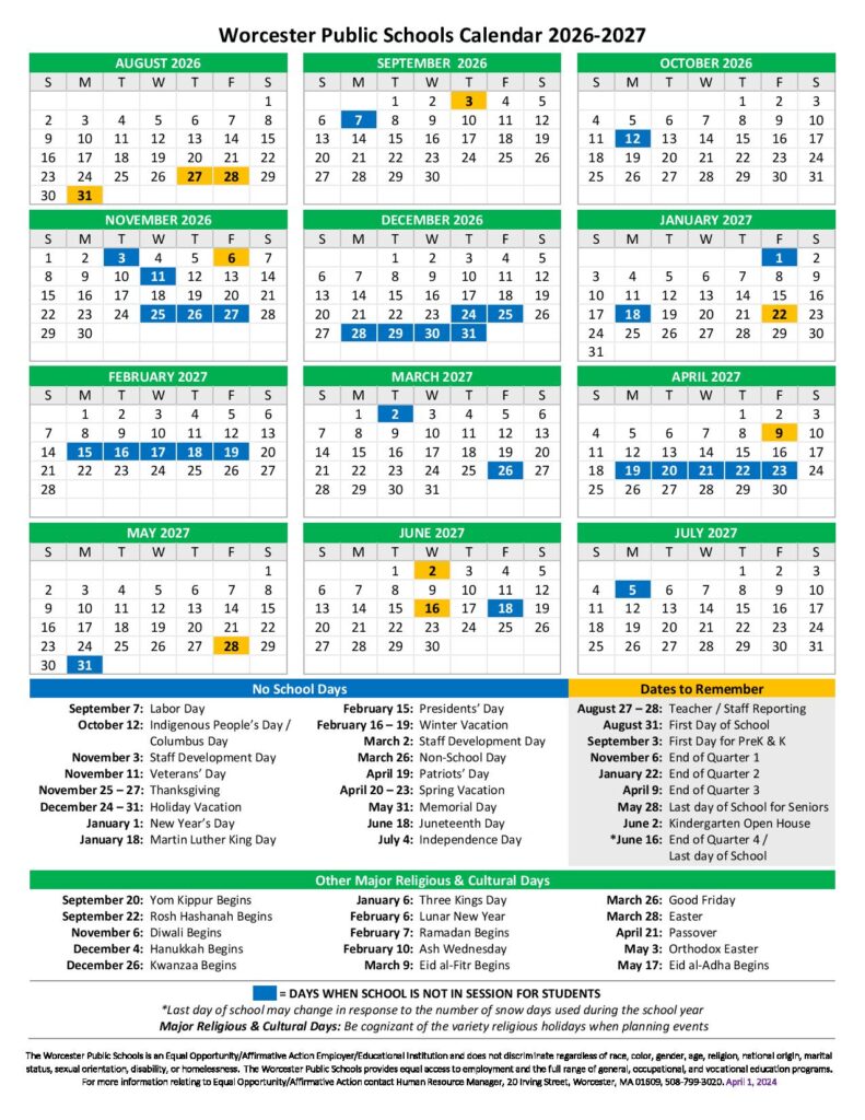 Worcester Public Schools Calendar 2026-2027
