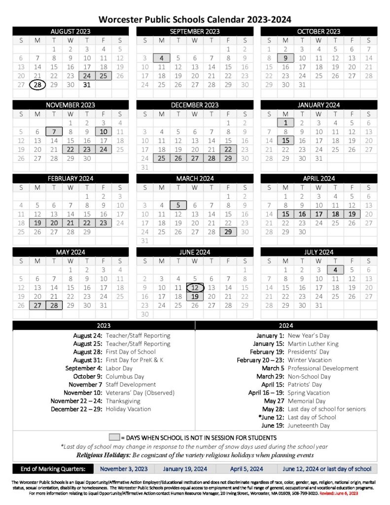 Worcester Public Schools Calendar 2023-2024 in PDF