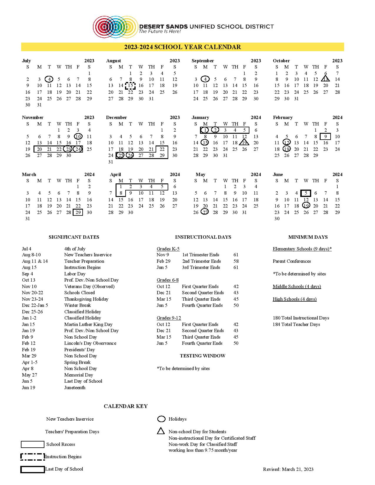 Desert Sands Unified School District Calendar 20232024