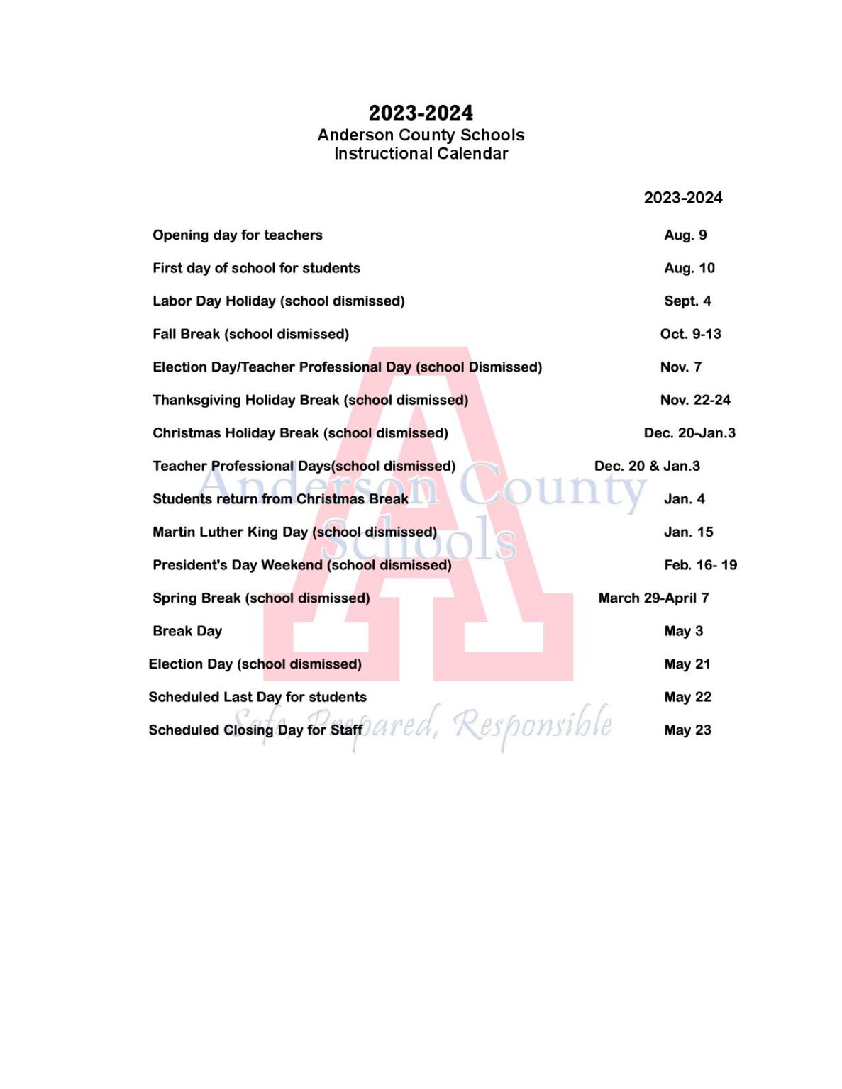 Anderson County Schools Calendar 20232024 (Kentucky)