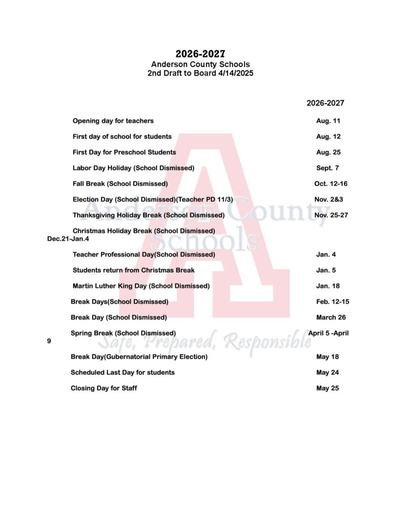 Anderson County Schools Calendar 2026-2027
