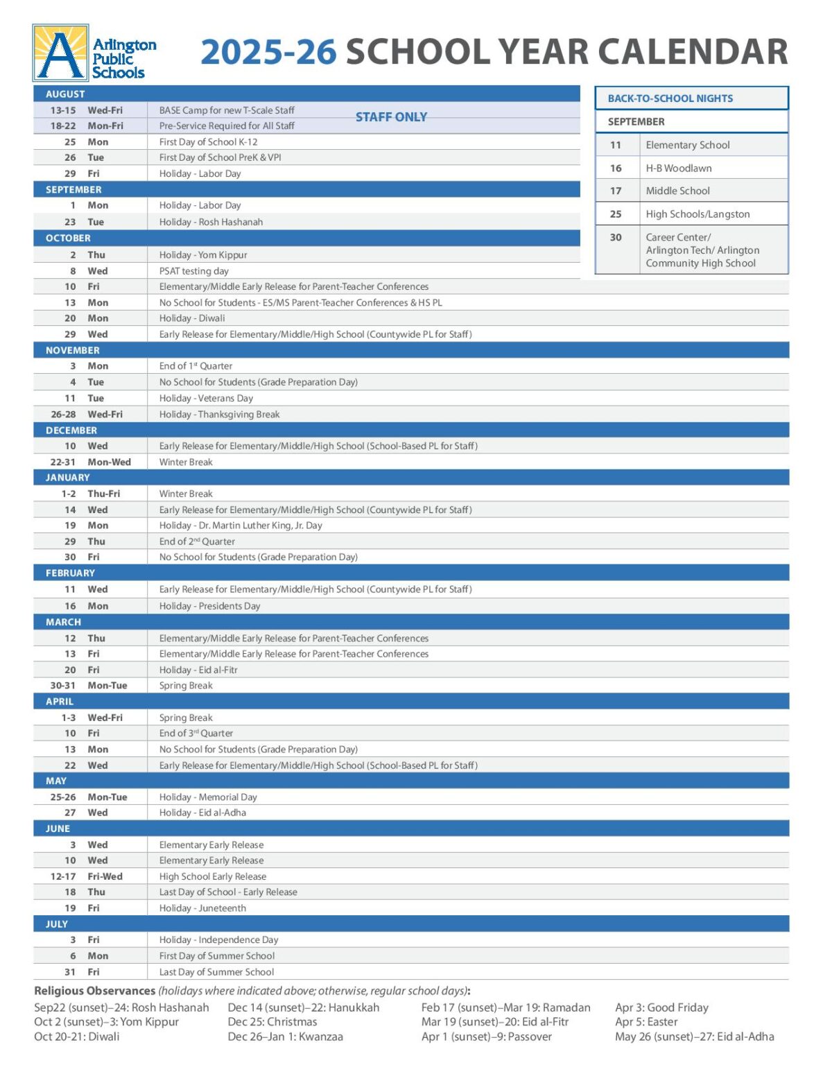 Arlington Public Schools Calendar 2025 2026 in PDF