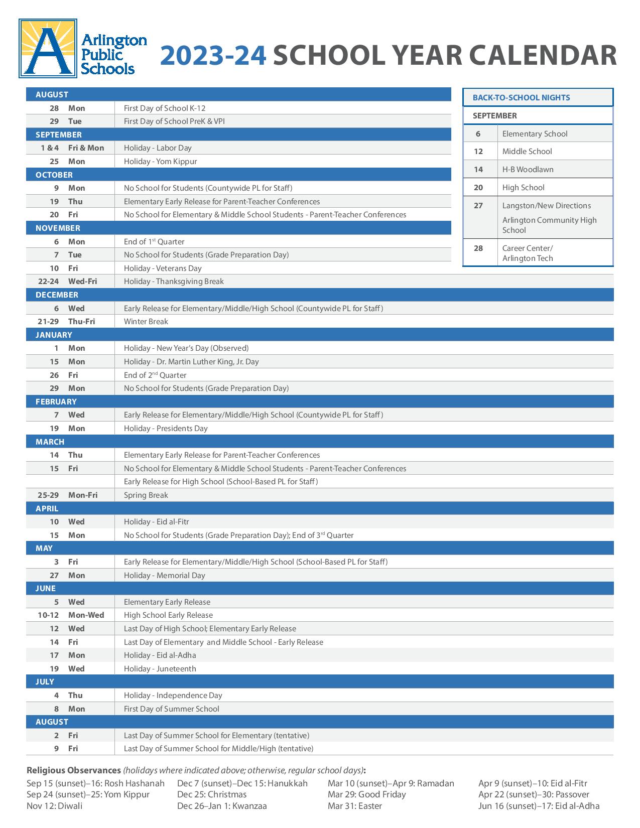 Arlington Public Schools Calendar 20232024 in PDF