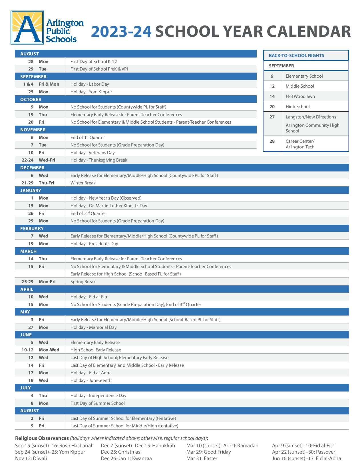 Arlington Public Schools Calendar 2023 2024 In PDF