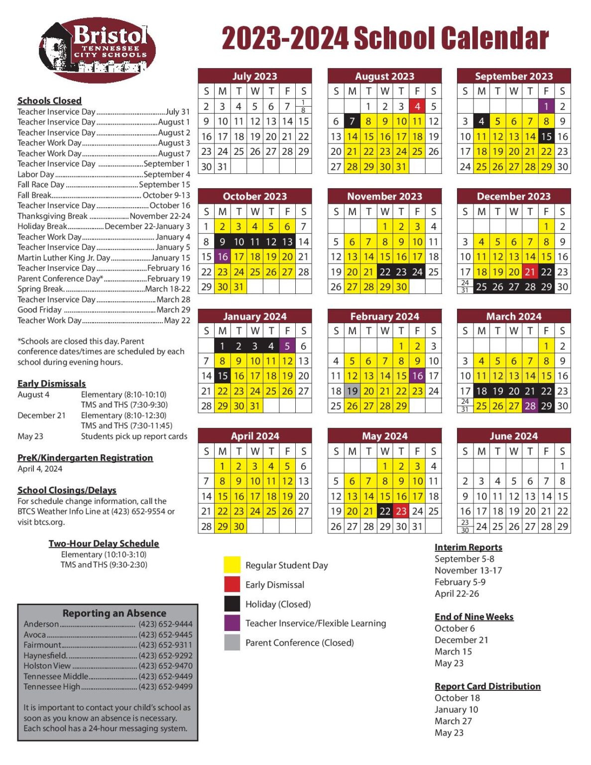 Bristol Tennessee City Schools Calendar 20232024 in PDF