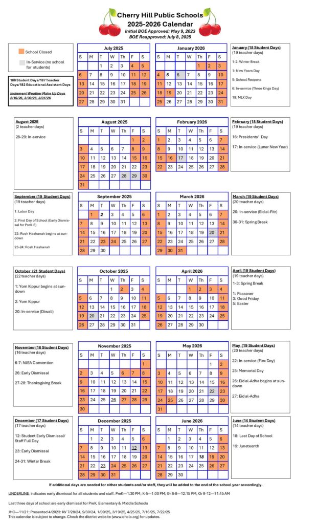 Cherry Hill Public Schools Calendar 2025-2026