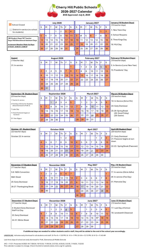 Cherry Hill Public Schools Calendar 2026-2027