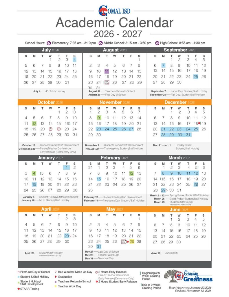Comal Independent School District Calendar 2026-2027
