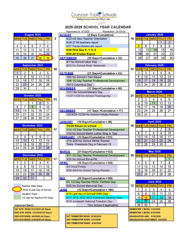 Cranston Public Schools Calendar 2025-2026