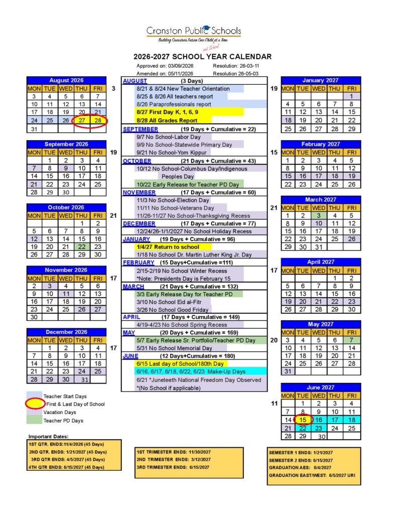 Cranston Public Schools Calendar 2026-2027